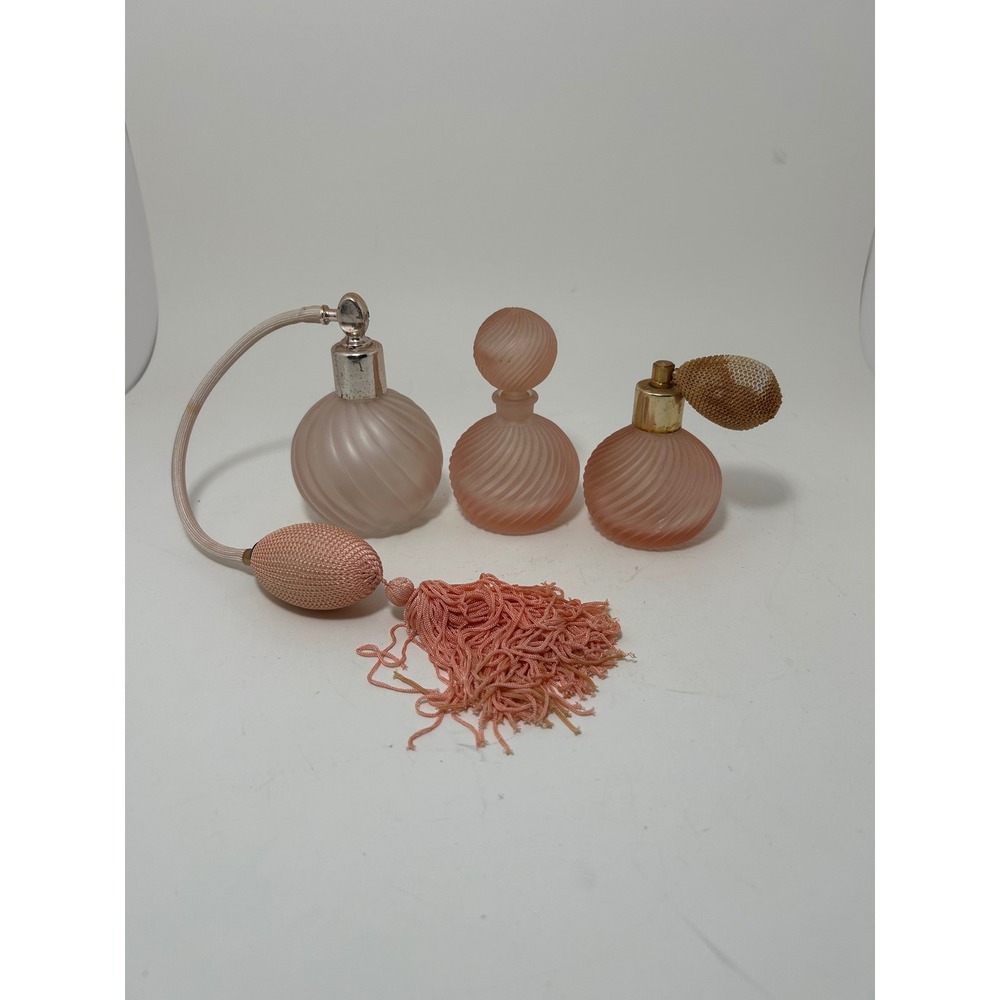 Vintage Pink Frosted Swirl Glass Perfume Bottle Set of 3 Atomizer Austria